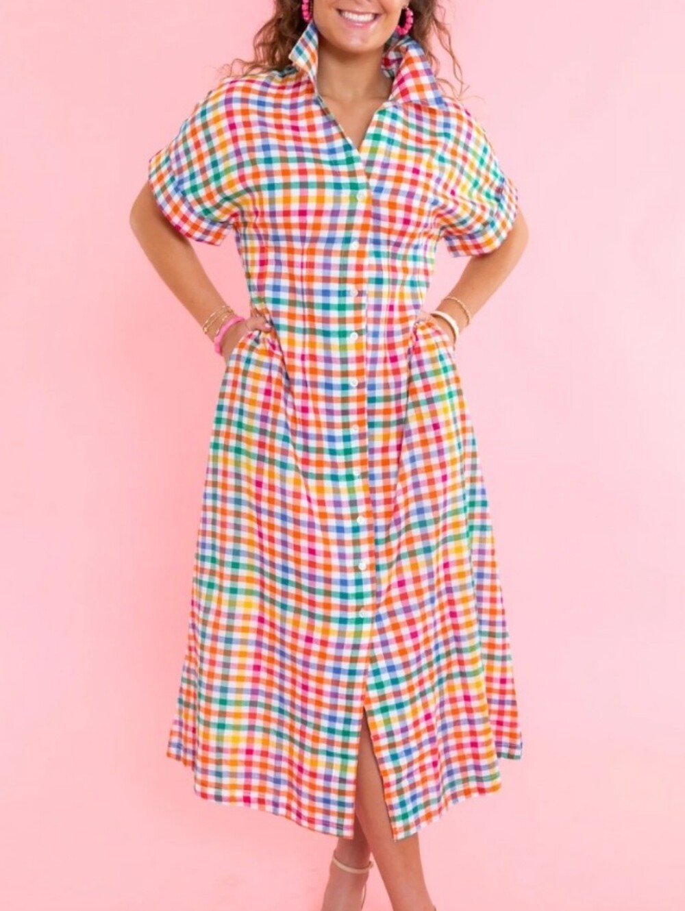 THML Rainbow Plaid Button Down Up Cotton Shirt Dress